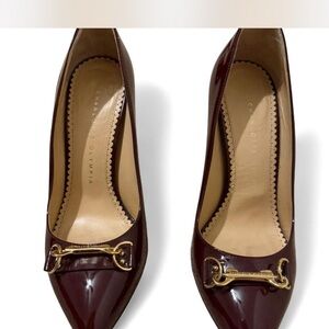 Charlotte Olympia Burgundy Patent Leather Pumps – Gold Detail, Size 37